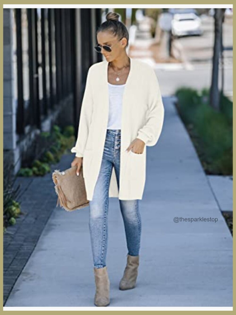 Oversized Open Front Chunky Knit Cardigan with Lantern Sleeves - Picture 4 of 7